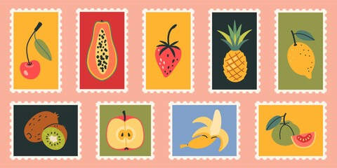 Cute hand-drawn post stamps with exotic tropical fruits like papaya, cherry, banana, kiwi and pineapple. Funny bright stickers set. Trendy modern vector illustartions, flat design