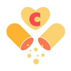 Vitamin C symbol, open orange capsule and heart. Vector illustration isolated on white background, flat design
