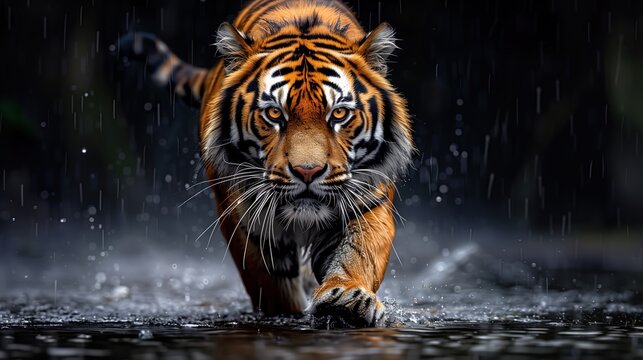 Majestic tiger walking through water in the rain, intense gaze, dramatic wildlife scene
