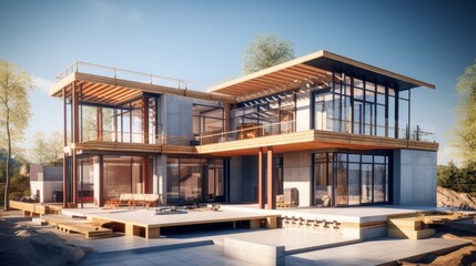 Fototapeta premium vision of architecture of a 3d model house project with blueprint