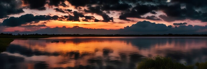 Obraz premium Dark Sunset view with dark clouds background wide background 