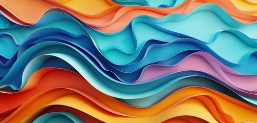Obraz premium A dynamic 3D rendering of a wave pattern paper cut background, featuring intricate layers of paper with vibrant colors and smooth wave patterns.