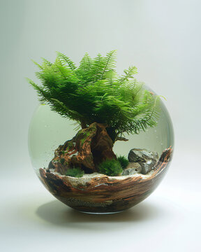Delicate Java Fern with feathery fronds attached to driftwood in a spherical aquarium, isolated on a pure white backdrop emphasizing its intricate structure