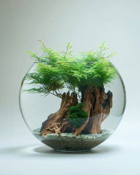 Delicate Java Fern with feathery fronds attached to driftwood in a spherical aquarium, isolated on a pure white backdrop emphasizing its intricate structure