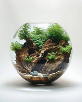 Delicate Java Fern with feathery fronds attached to driftwood in a spherical aquarium, isolated on a pure white backdrop emphasizing its intricate structure