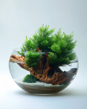 Delicate Java Fern with feathery fronds attached to driftwood in a spherical aquarium, isolated on a pure white backdrop emphasizing its intricate structure