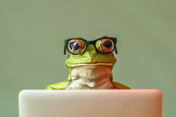 A frog sitting in front of a laptop, donning glasses, with a plain light green background. The frog's attentive and curious demeanor adds a whimsical and amusing element, making the scene both fun and