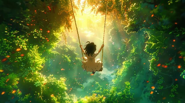 A child swings high in a park with a bright blue sky above, enjoying the freedom of summer