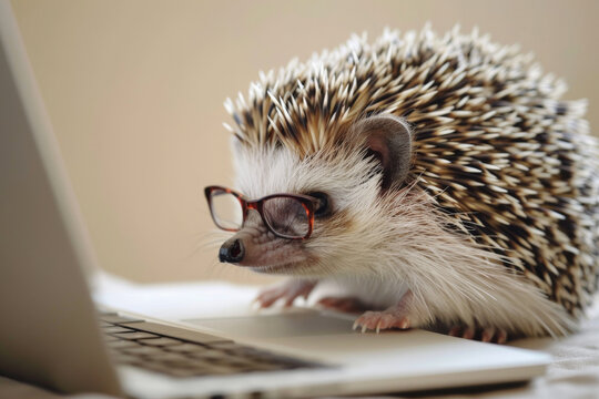 A hedgehog sitting in front of a laptop, sporting glasses, with a plain beige background. The hedgehog's focused and thoughtful look adds a touch of intelligence and charm, making the scene both cute
