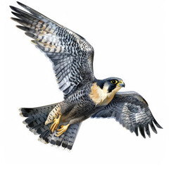 A swift peregrine falcon diving, captured in dynamic watercolor strokes, beautifully isolated on a pristine white background