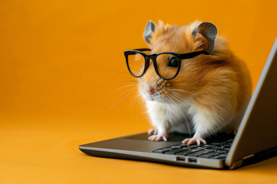A hamster sitting in front of a laptop, wearing glasses, with a plain yellow background. The small creature's focused demeanor suggests it's working hard, creating a cute and entertaining image.