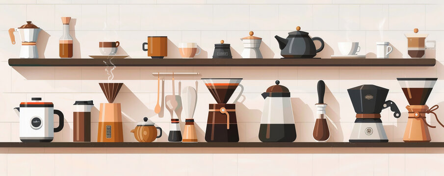 A dynamic coffee background featuring a variety of coffee brewing methods, including French press, espresso machine, and pour-over, all arranged on a counter