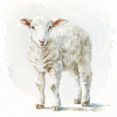 Obraz premium A gentle lamb with a soft fleece, rendered in soft watercolor shades, beautifully isolated on a pristine white background