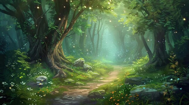 Fantasy forest landscape
 Seamless looping 4k time-lapse virtual video animation background. Generated AI