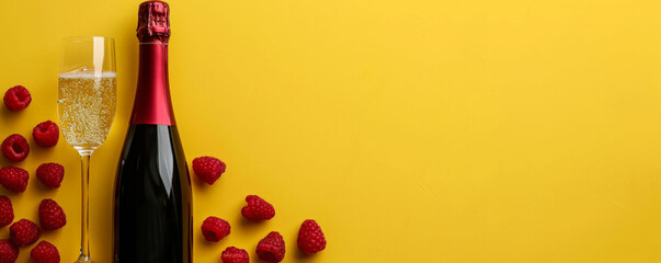 A vibrant wine background featuring a bottle of sparkling wine, a flute filled with bubbly, and fresh raspberries, set against a bright yellow backdrop, perfect for a cheerful and lively vibe
