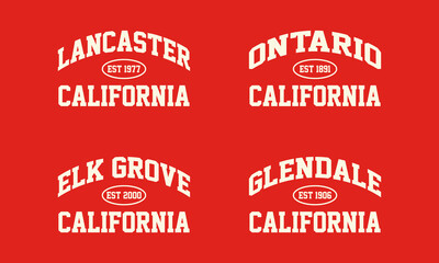Set t-shirt stamp graphic, California travel wear typography city emblem. Lancaster, Ontario, Elk Grove, Glendale vintage tee print, sport apparel design shirt graphic print