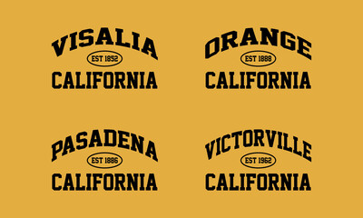 Set t-shirt stamp graphic, California travel wear typography city emblem. Visalia, Pasadena, Victorville, Orange vintage tee print, sport apparel design shirt graphic print