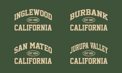 Set t-shirt stamp graphic, California travel wear typography city emblem. Inglewood, Burbank, San Mateo, Jurupa Valley vintage tee print, sport apparel design shirt graphic print