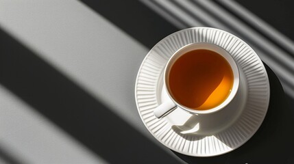 Morning sunlight gently illuminating a cup of tea resting on a gray table, creating a serene and tranquil atmosphere