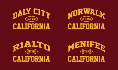 Set t-shirt stamp graphic, California travel wear typography city emblem. Daily City, Norwalk, Rialto, Menifee vintage tee print, sport apparel design shirt graphic print
