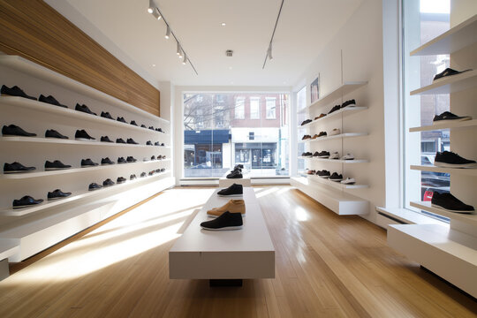 Contemporary Shoe Store Interior with Sunlit Shelves Displaying Modern Footwear Collection in Minimalistic Retail Design.