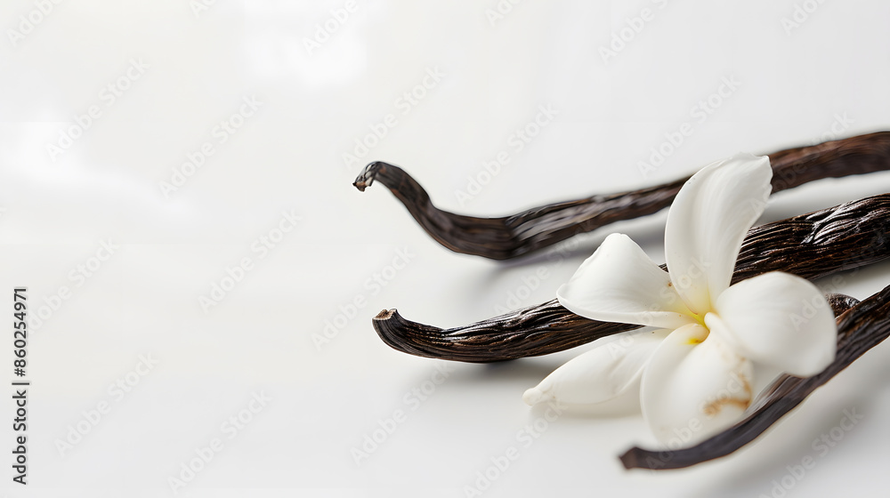 Poster vanilla pods and flower on white background : generative ai