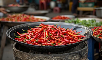 Fresh Red Chillies For Sale in a Busy Asian Market