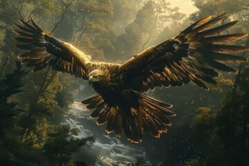 Obraz premium A majestic eagle soaring over a dense forest