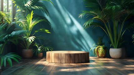 Abstract tropical background with a wooden podium for product presentation