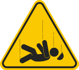 Triangle yellow sign worker falling from high surface, with head injury, for height fall risk safety danger sign