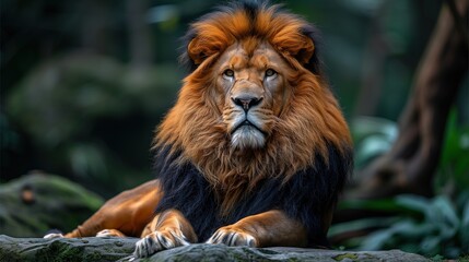 Fototapeta premium Majestic Lion Resting in Jungle, Regal Pose with Intense Gaze 