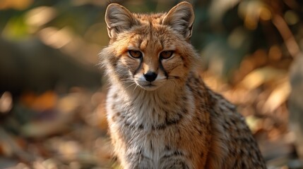 Fototapeta premium Portrait of a Young Bobcat in Sunlit Forest, Intense Gaze 