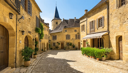 Obraz premium A narrow street with a cobblestone walkway and a row of houses. 