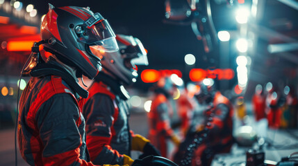 A group of drivers in racing suits discussing strategy before a race.