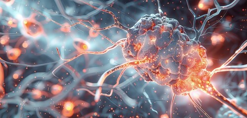 An elegant 3D rendered image of a neuron, highlighting its synaptic connections and surrounded by abstract representations of biomedicine and cellular activity.