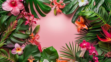 vibrant floral arrangement with tropical flowers and lush green leaves framing a pink background