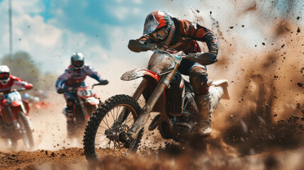 Naklejka premium Motorcycle pack explodes off the starting line in a cloud of dust.