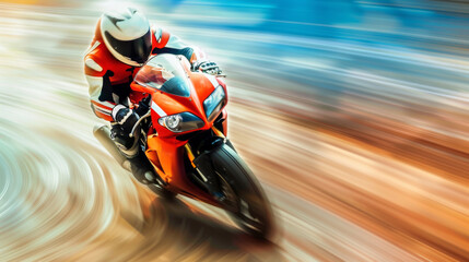 Motorcycle blasts down a straightaway at top speed, background a blur of motion.