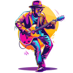 Fototapeta premium A man is playing a guitar and smiling. The image has a bright and colorful feel to it, with the man dressed in a suit and hat in retro comic style.