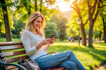 Obraz premium Woman having a rest in park and using her smart phone