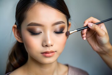 Fototapeta premium makeup artist using makeup brush for eyes and applying brown eyeshadow. make-up for young asian girl