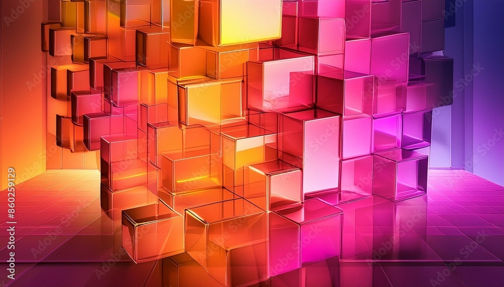 Poster colorful 3d modern abstract background abstract background of glass cubes with colorful orange and p