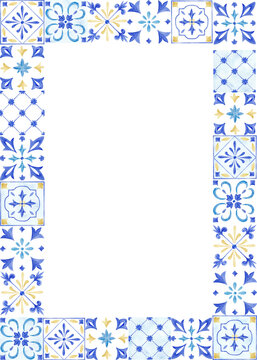 Watercolor mediterranean traditional tiles frame border. Illustration for cards, invitation, background, print.