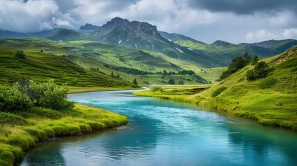 beautiful green landscape by a blue river - generative ai