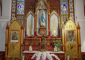 Hanoi, Vietnam - 7 Feb, 2023: Interior of the St Joseph's Cathedral, in old town Hanoi, Vietnam