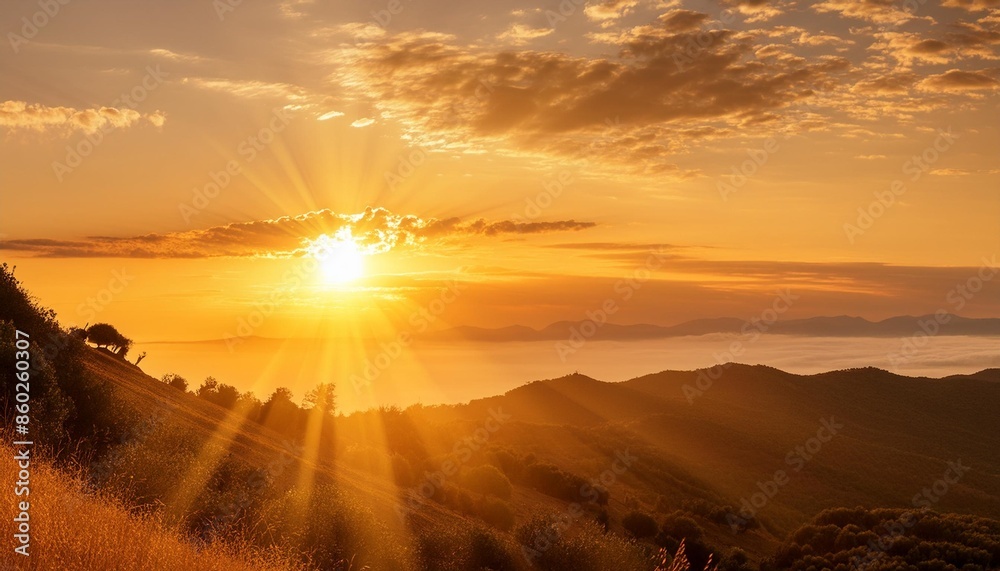 Sticker bright yellow sunbeams radiating from a vibrant orange sky