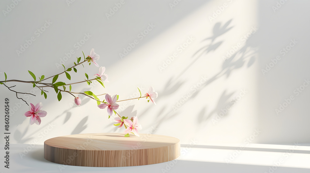 Poster Geometric empty podium wooden platform stand for product presentation and spring flowers and shadows on white background : Generative AI