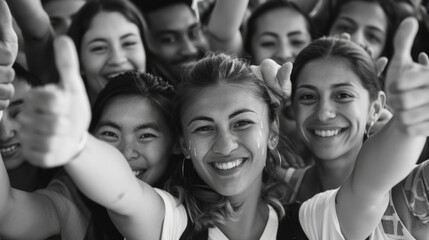 Obraz premium Group of people giving thumbs up in a classic monochrome image