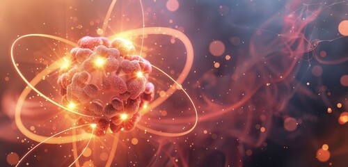 An elegant 3D rendered scene of a physics atom, showcasing intricate designs of electron orbits and a glowing nucleus, with a sophisticated, dynamic background.