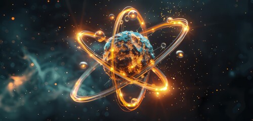 A beautiful 3D rendered image of a physics atom, highlighting the electrons orbiting around the nucleus with glowing trails, against a dark, cosmic background.